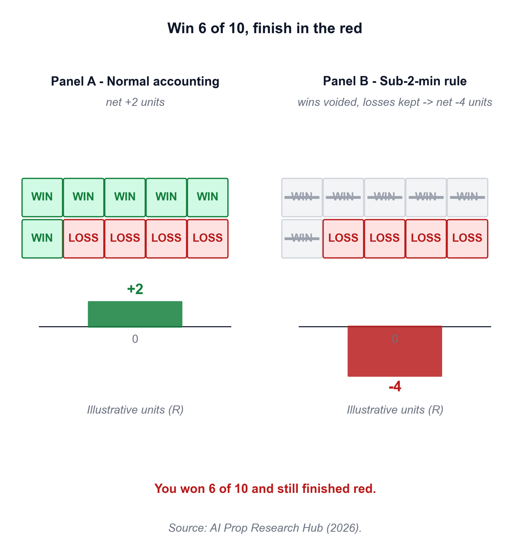 Figure 2. Win six of ten and still finish red: under a sub-two-minute rule the wins are voided and the losses are kept.